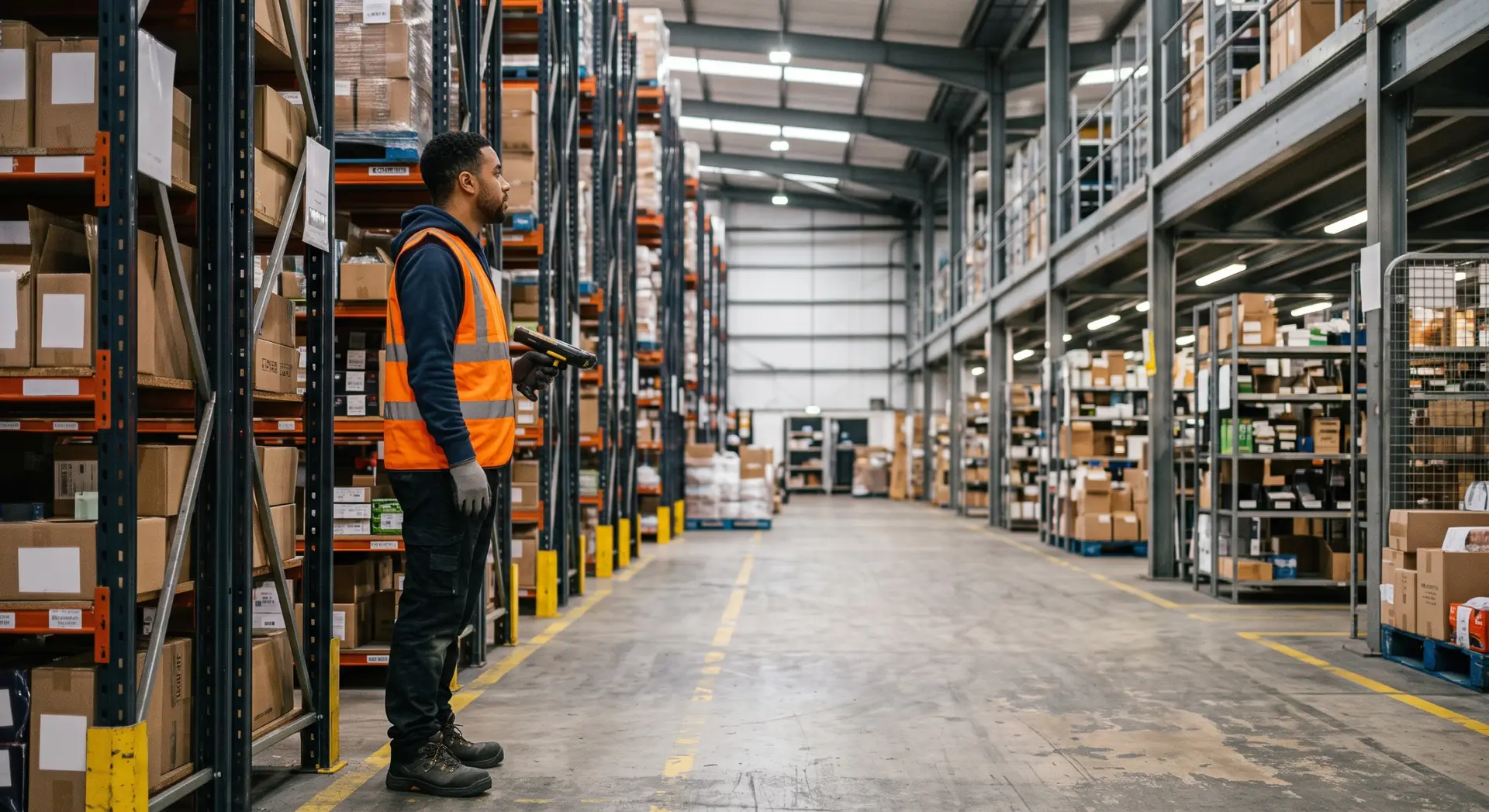 A warehouse worker wearing an orange high-visibility vest stands in a large industrial aisle, looking to the side and holding a handheld scanner.